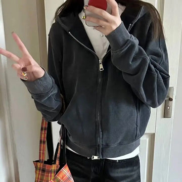 Getadme Vintage Zip Up Hoodies Women Autumn Winter Fleece Korean Fashion Gray Sweatshirt Hooded Aesthetic Streetwear Harajuku